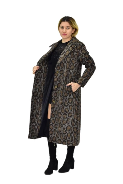 Kadın Leopar Desenli Uzun Kaşe Kaban BGL-ST04114 - Resim 4