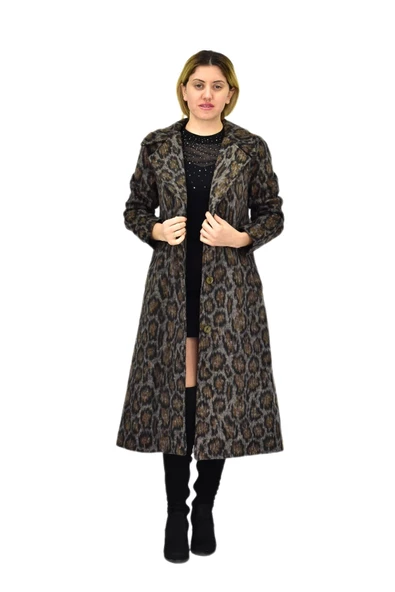 Kadın Leopar Desenli Uzun Kaşe Kaban BGL-ST04114 - Resim 2