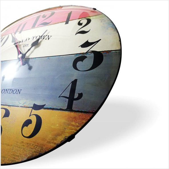 Renkli Ahşap Lambri Desenli Kadran Old Town London Bombe Camlı Sessiz Kayar Saniye 35 cm Duvar Saati - 2