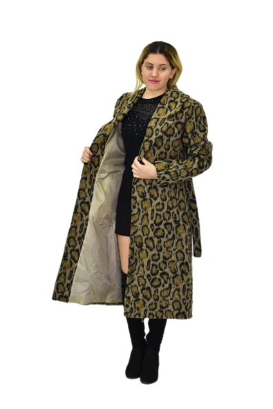 Kadın Leopar Desenli Uzun Kaşe Kaban BGL-ST04064 - 4