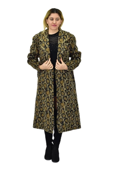 Kadın Leopar Desenli Uzun Kaşe Kaban BGL-ST04064 - 2