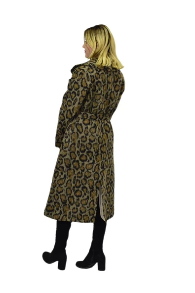 Kadın Leopar Desenli Uzun Kaşe Kaban BGL-ST04064 - 7