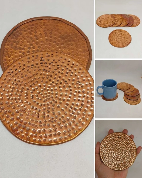 Dekoratif Otantik El Yapımı Yuvarlak Kabartma Desen Bakır Bardak Altlığı 6'lı Set ürün görseli
