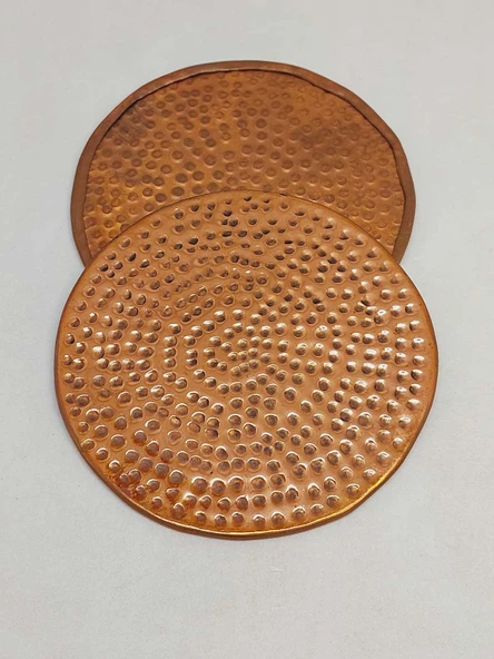 Dekoratif Otantik El Yapımı Yuvarlak Kabartma Desen Bakır Bardak Altlığı 6'lı Set - Resim 2