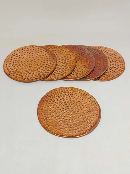 Dekoratif Otantik El Yapımı Yuvarlak Kabartma Desen Bakır Bardak Altlığı 6'lı Set - Resim 5