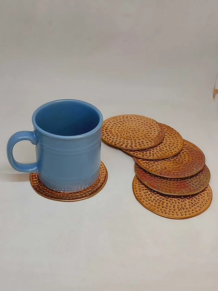 Dekoratif Otantik El Yapımı Yuvarlak Kabartma Desen Bakır Bardak Altlığı 6'lı Set - Resim 4