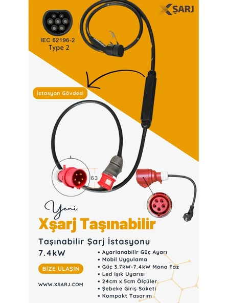 Xsarj 7 Kw Taşınabilir Type-2 AC Şarj İstasyonu 5 mt+ Dönüştürücü