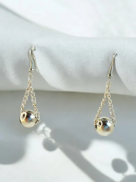 Gümüş Kaplama Zincir Boncuk Detaylı Sallantılı Küpe - 2