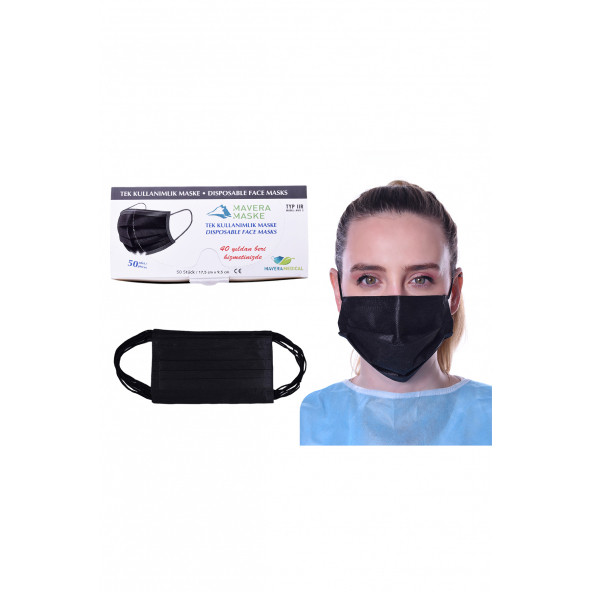 Siyah Tam Ultrosonik Burun Telli  Cerrahi Maske 50 Li Paket