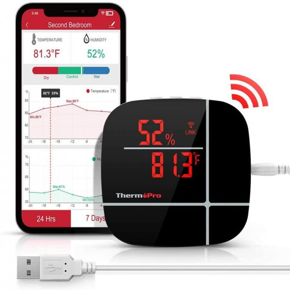 ThermoPro TP90 Uzaktan Kontrollü, Alexa Uyumlu,Wifi Isı Nem Ölçer