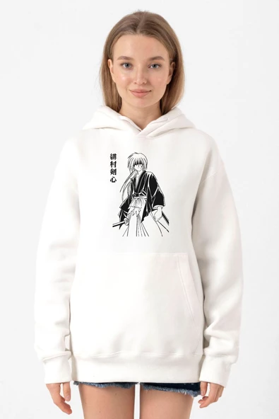 Rurouni Kenshin Poster Japan Beyaz Kadın 3ip Kapşonlu Sweatshirt - Resim 2
