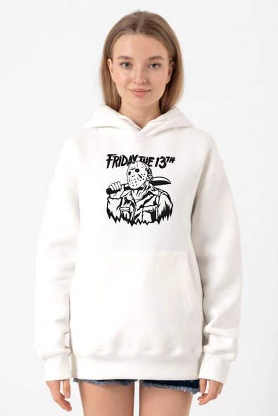Friday The 13th Halloween Beyaz Kadın 3ip Kapşonlu Sweatshirt