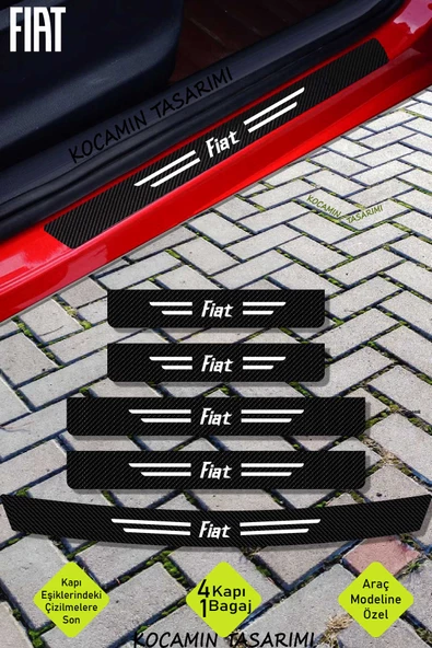 Fiat Yazılı Karbon Kapı ve Bagaj Eşiği Koruma Seti Çizilmelere Karşı Dayanıklı Sticker Folyo Fiat Yazılı