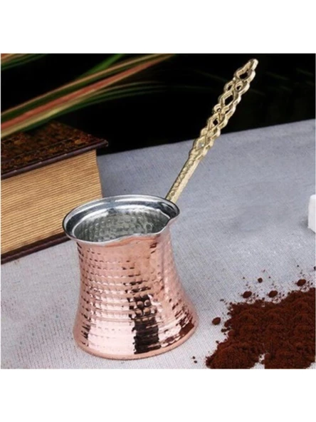 Kalın Bakır El İşlemeli Dövme Bakır Cezve Prinç Saplı 6 Kişilik - 2