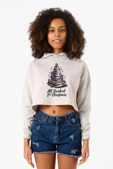 All Booked For Christmas Beyaz Kırçıllı Kadın Crop Kapşonlu