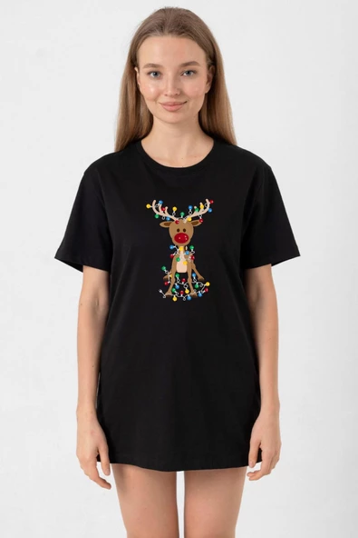 Adorable Reindeer Christmas Siyah Kadın Oversize Tshirt ürün görseli 1