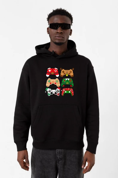 Video Game Controller Christmas Siyah Erkek 3ip Kapşonlu Sweatshirt