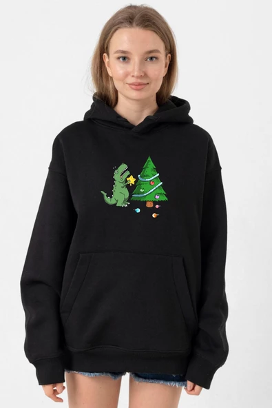 Dinosaur Christmas Tree Siyah Kadın 3ip Kapşonlu ürün görseli 1