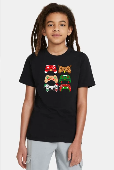 Video Game Controller Christmas Siyah Çocuk Tshirt