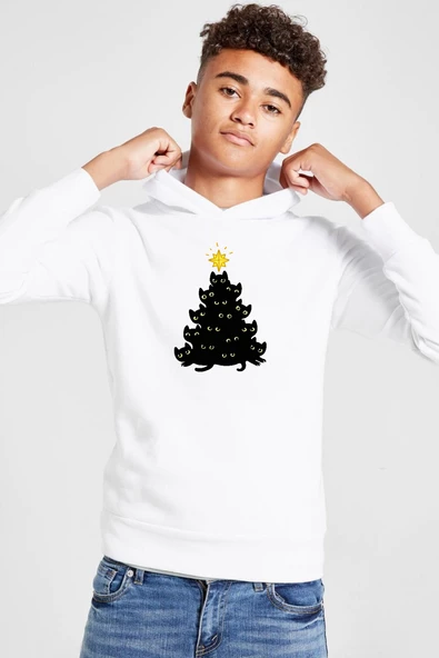 Meowy Christmas Beyaz Çocuk 3ip Kapşonlu  Sweatshirt