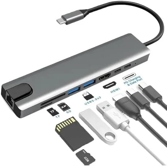 8in1 Type-C 4K Hdmi Micro SD Tf 2xUsb3.0 2xType-C Hub Çevirici (8in1 Type-C-4K HDMI)