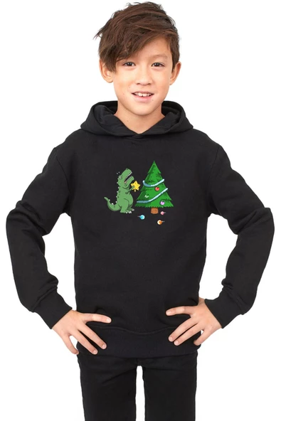 Dinosaur Christmas Tree Siyah Çocuk 3ip Kapşonlu