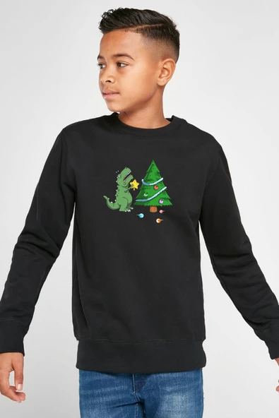 Dinosaur Christmas Tree Siyah Çocuk 2ip Sweatshirt