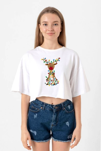 Adorable Reindeer Christmas Beyaz Kadın Crop Tshirt ürün görseli 1