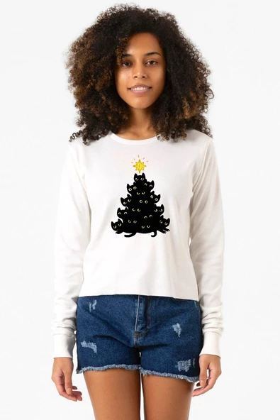 Meowy Christmas Ekru Ekstra Uzunkol Sweatshirt ürün görseli 1