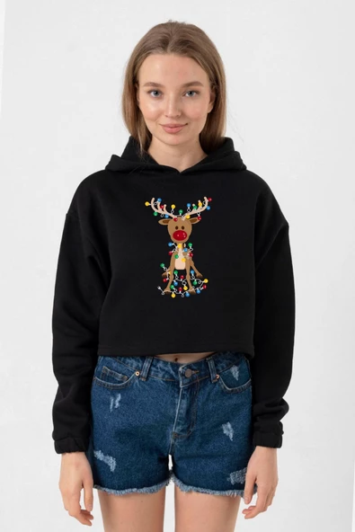 Adorable Reindeer Christmas Siyah Kadın Crop Kapşonlu ürün görseli