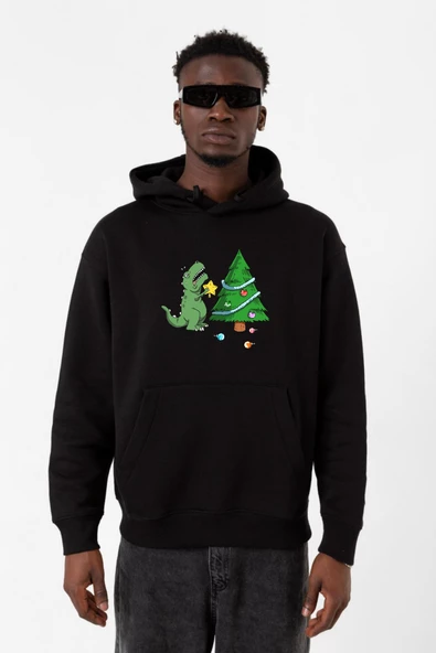 Dinosaur Christmas Tree Siyah Erkek 3ip Kapşonlu Sweatshirt