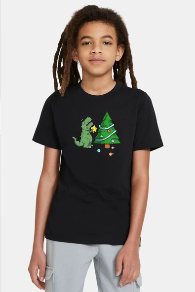Dinosaur Christmas Tree Siyah Çocuk Tshirt