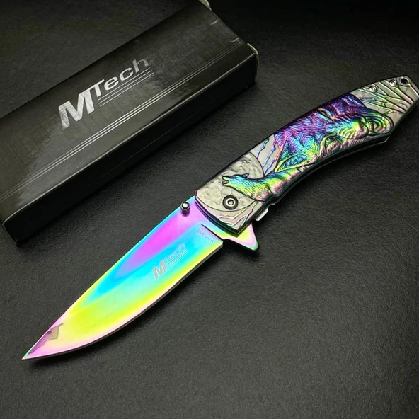 Mtech MT-1005D Gökkuşağı Kurt İşlemeli Kamp Çakısı