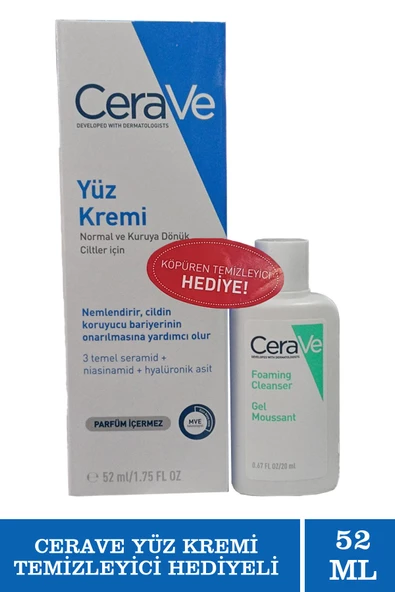 Cerave Normal ve Kuruya Dönük Ciltler İçin Yüz Kremi 52 ml + Normal Yağlı Ciltler İçin Temizleme Jeli 20 ml