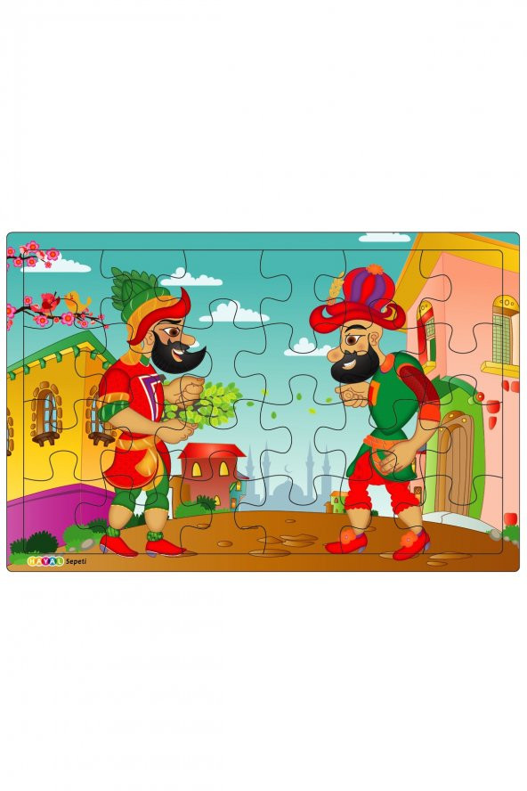 Karagöz ve Hacivat  3-9 Yaş Çocuklar için 24 Parçalı Ahşap Puzzle Yapboz