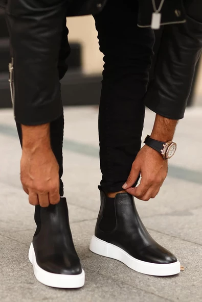 Shoetyle - Siyah Hakiki Deri Erkek Chelsea Bot - Beyaz Taban -  250-041 - 2