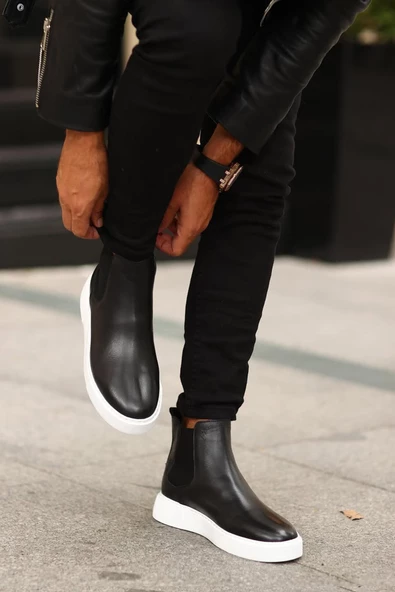 Shoetyle - Siyah Hakiki Deri Erkek Chelsea Bot - Beyaz Taban -  250-041 - 4