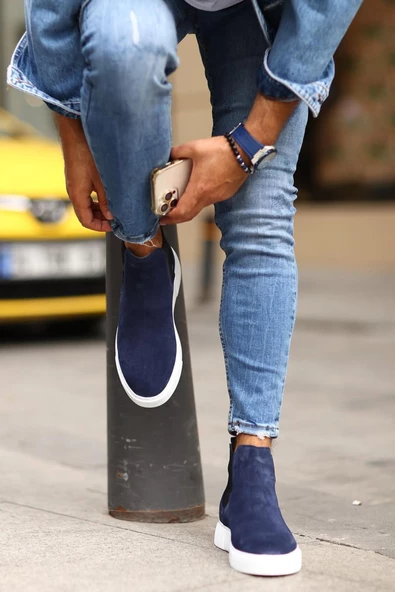 Shoetyle - Lacivert Hakiki Deri Süet Erkek Chelsea Bot   250-041 - 3