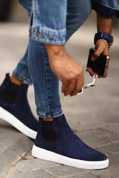 Shoetyle - Lacivert Hakiki Deri Süet Erkek Chelsea Bot   250-041 - 2