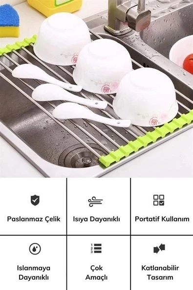 Evye Üstü Katlanır Nihale Paslanmaz Çelik Pratik Sebze Meyve Bulaşık Kurutma Süzgeci - 2