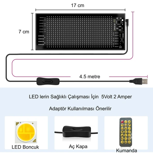HyMark Programlanabilir 17x7cm Matrix Kayan Yazı Emoji LED Ekran Tabela Araba Bluetooth APP Kontrol USB LED - 5