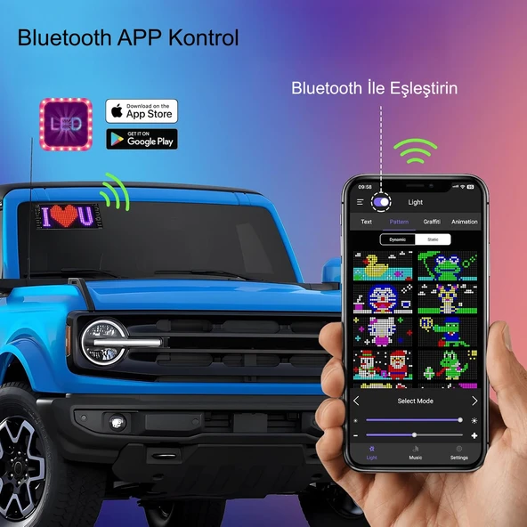HyMark Programlanabilir 17x7cm Matrix Kayan Yazı Emoji LED Ekran Tabela Araba Bluetooth APP Kontrol USB LED - 3