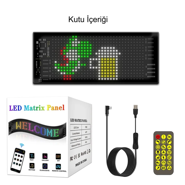 HyMark Programlanabilir 17x7cm Matrix Kayan Yazı Emoji LED Ekran Tabela Araba Bluetooth APP Kontrol USB LED - 6