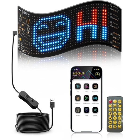 HyMark Programlanabilir 17x7cm Matrix Kayan Yazı Emoji LED Ekran Tabela Araba Bluetooth APP Kontrol USB LED ürün görseli 1