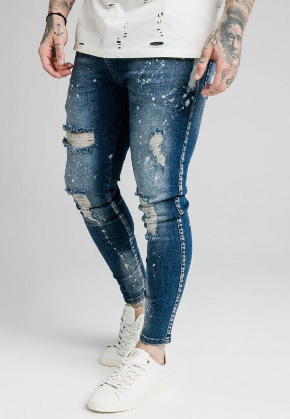 SikSilk Distressed Riot Erkek Kot Pantolon Mavi