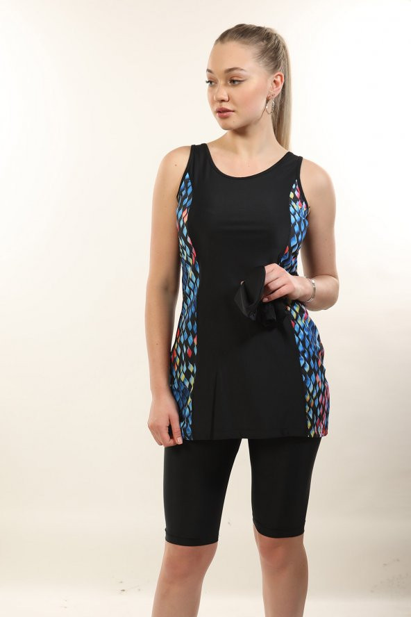 Yarı Kapalı Tesettür Mayo Kolsuz 2116 Roza Renkli Siyah - Resim 2