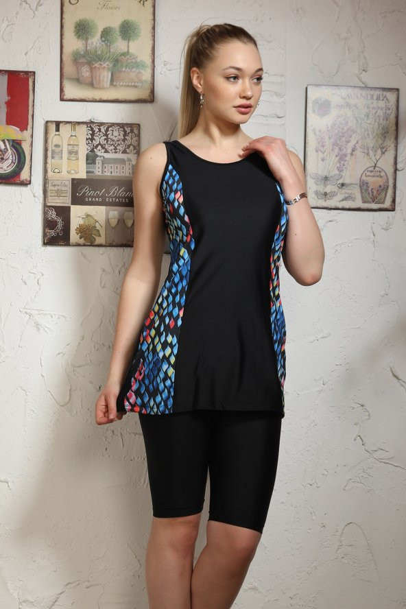 Yarı Kapalı Tesettür Mayo Kolsuz 2116 Roza Renkli Siyah - Resim 3