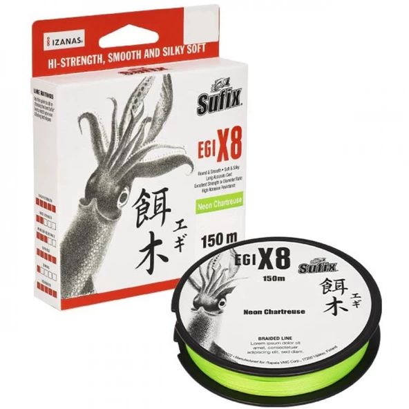 Sufix Egi x8 0.104 mm 150m Neon Chartreuse 8 Kat İp Misina 5kg Çeker