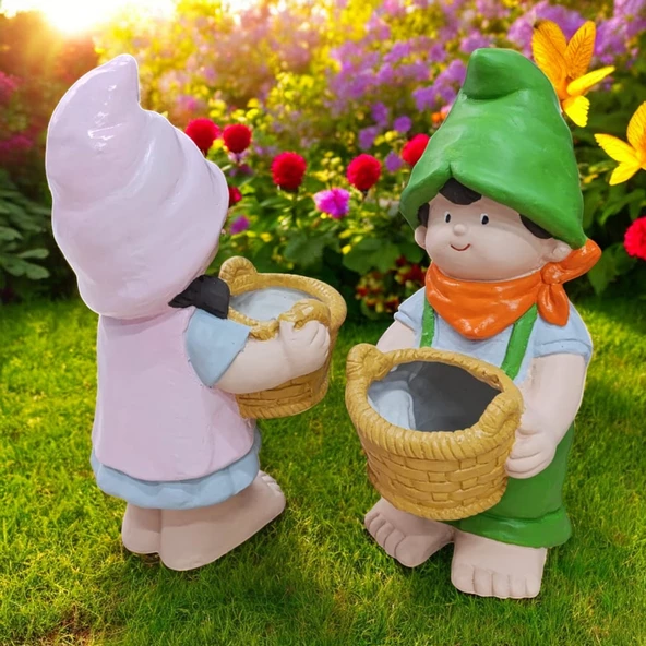 Fenerli Cüce Heykel Biblo Seti 2 Adet Dekoratif Saksılı Cüce Seti - 3
