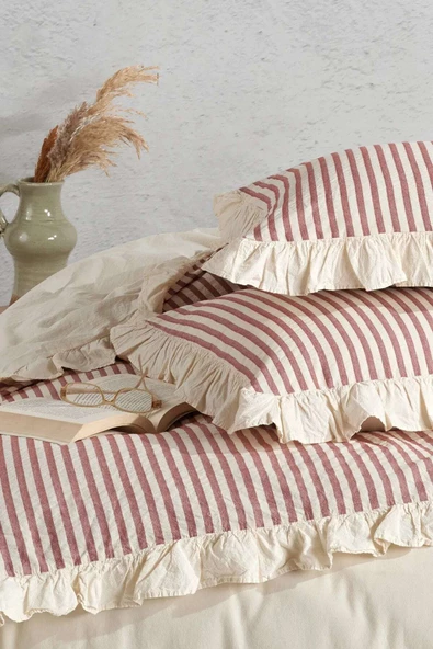 Kırmızı Bej % 100 Pamuk Fırfırlı Çift Kişilik Nevresim Takımı - 3